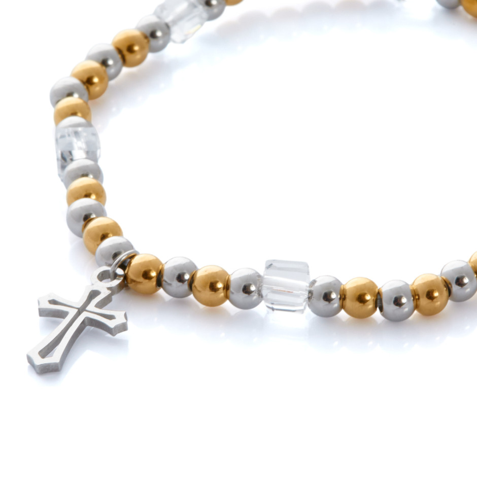 Pulsera cristal y bolitas cruz