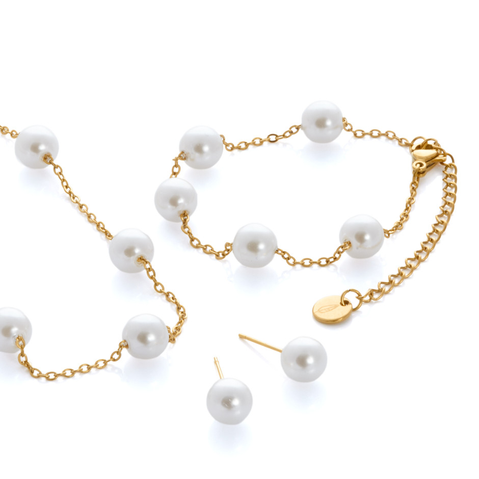 Set perlitas colgante, pulsera y pendientes dorado