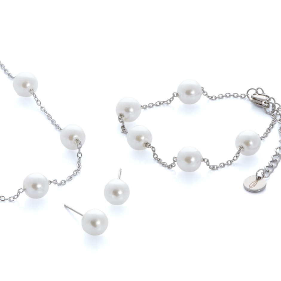 Set perlitas colgante, pulsera y pendientes plateado
