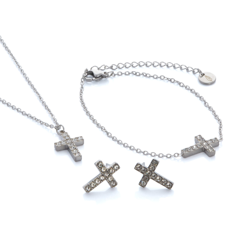 Set cruz colgante, pulsera y pendiente plateado