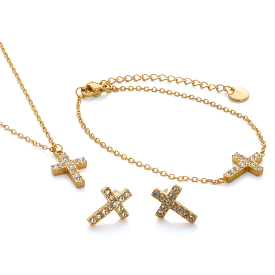 Set cruz colgante, pulsera y pendiente dorado
