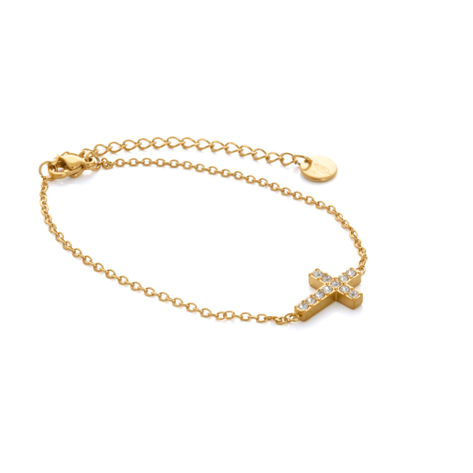 Set cruz colgante, pulsera y pendiente dorado