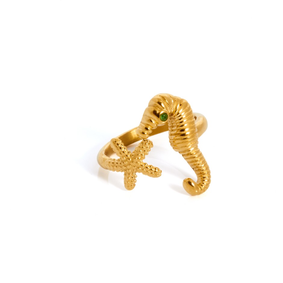 Anillo mykonos caballito dorado y verde