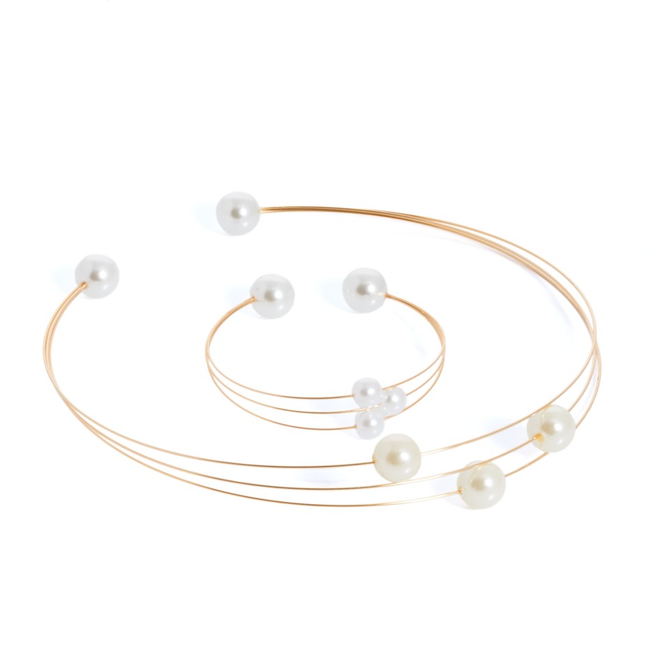 Set corfú dorado perla chocker, pulsera y pendientes