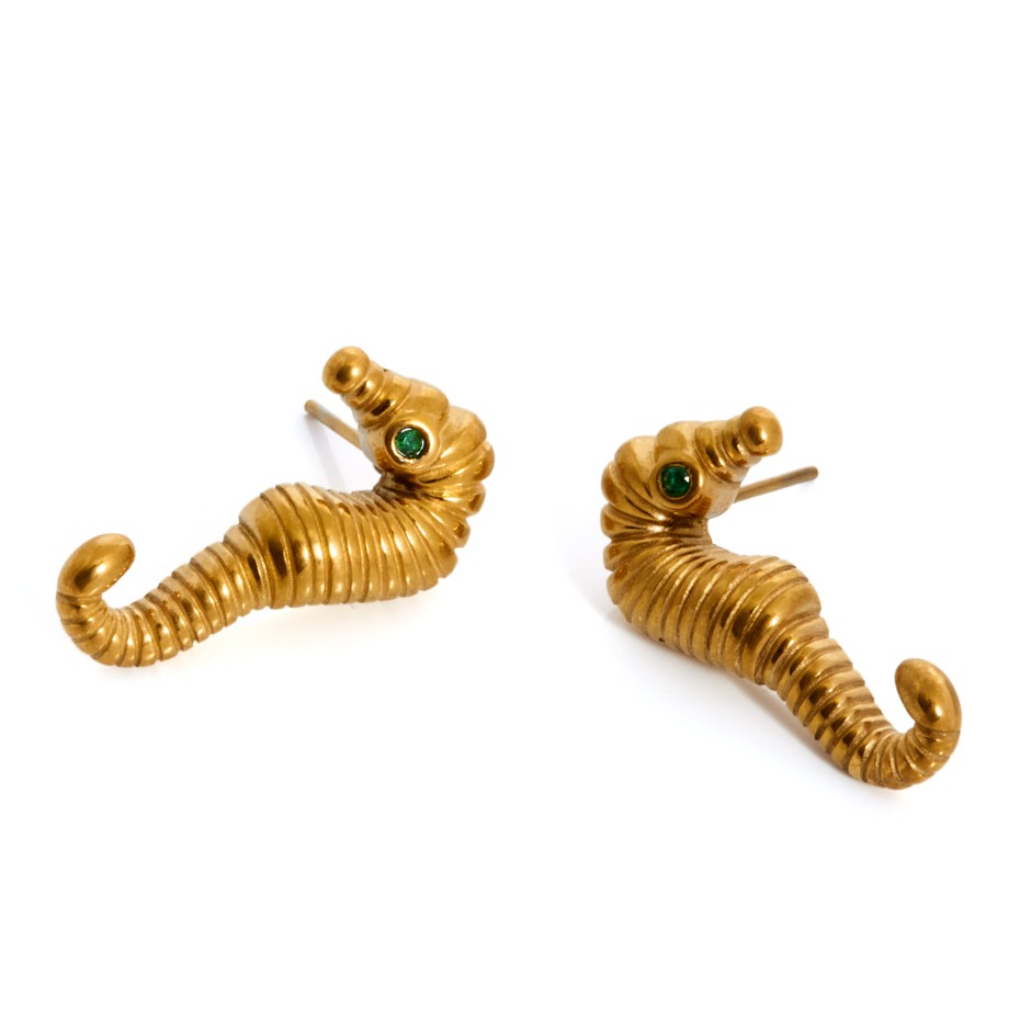 Pendiente mykonos caballito dorado y verde