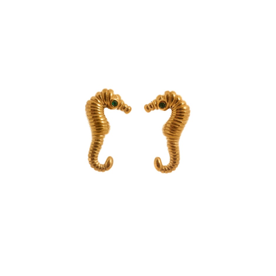 Pendiente mykonos caballito dorado y verde