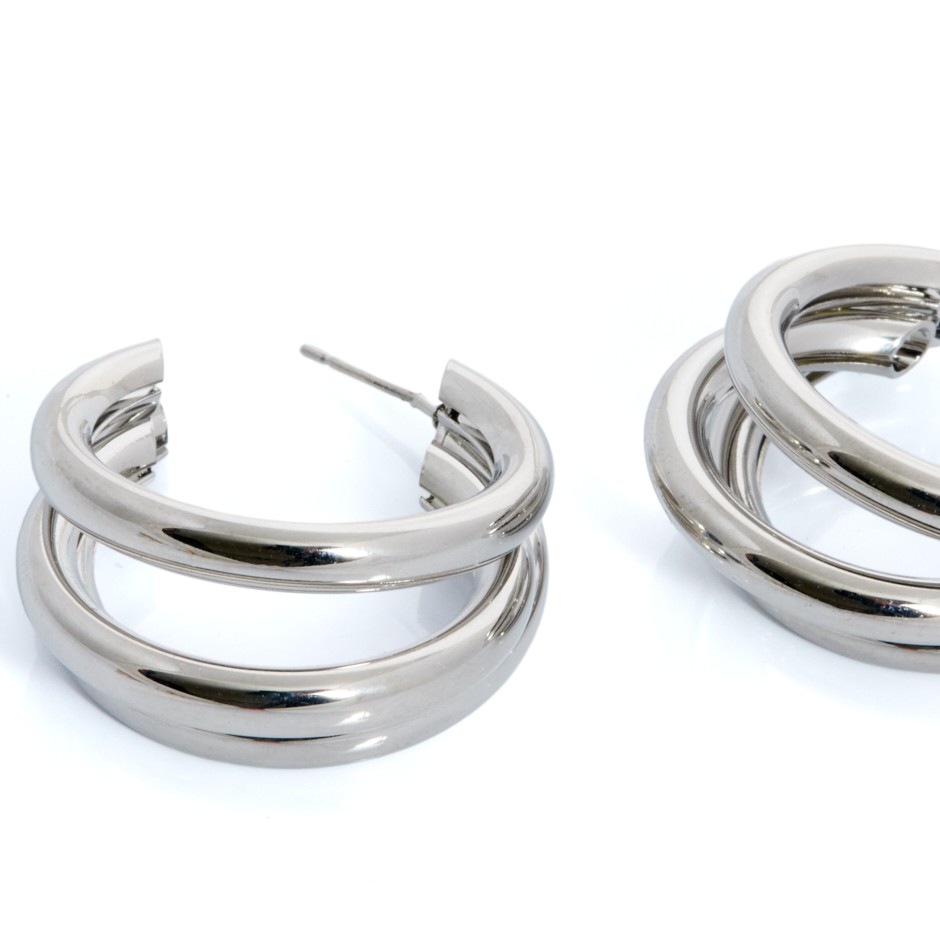 Pendiente aro trio plateado