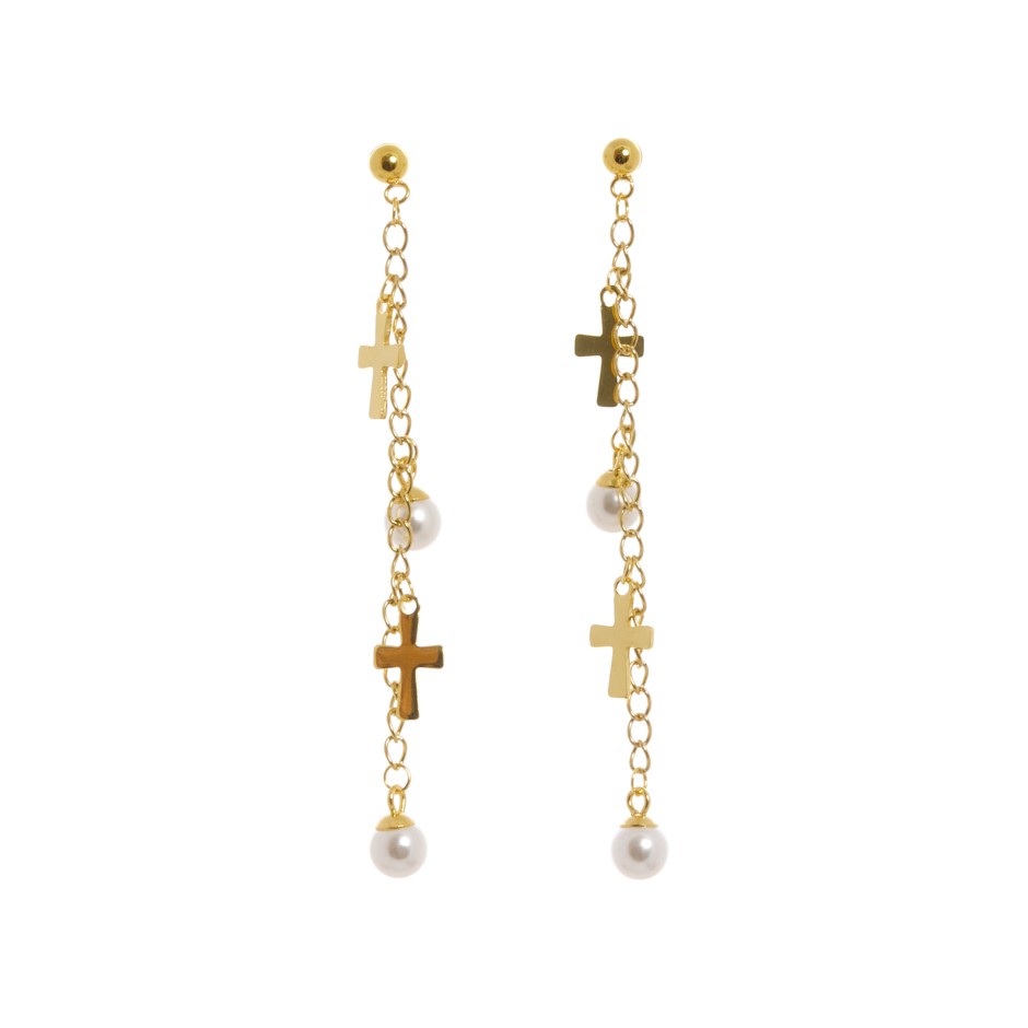 Pendiente milán perlita y cruces dorado