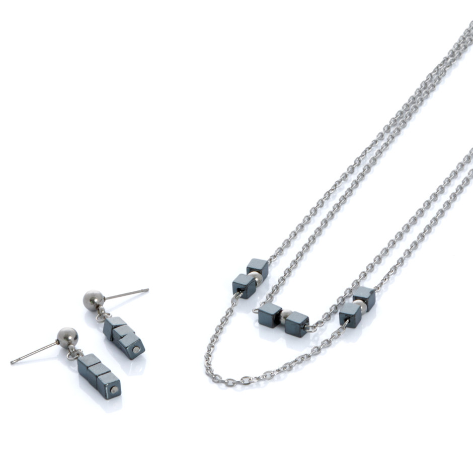 Set cube colgante, pulsera y pendiente plateado